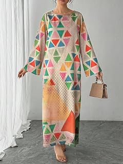 Elegant long sleeve kaftan dress with eye-catching multicolored abstract patterns, perfect for parties