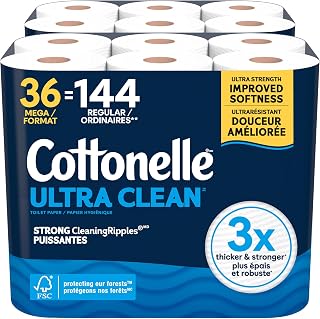 Cottonelle Toilet Paper, 36 Mega Rolls = 144 Regular Rolls (2 Packs of 18), Ultra Clean, Strong Bathroom Tissue, 284 Sheets per Roll, Packaging May Vary