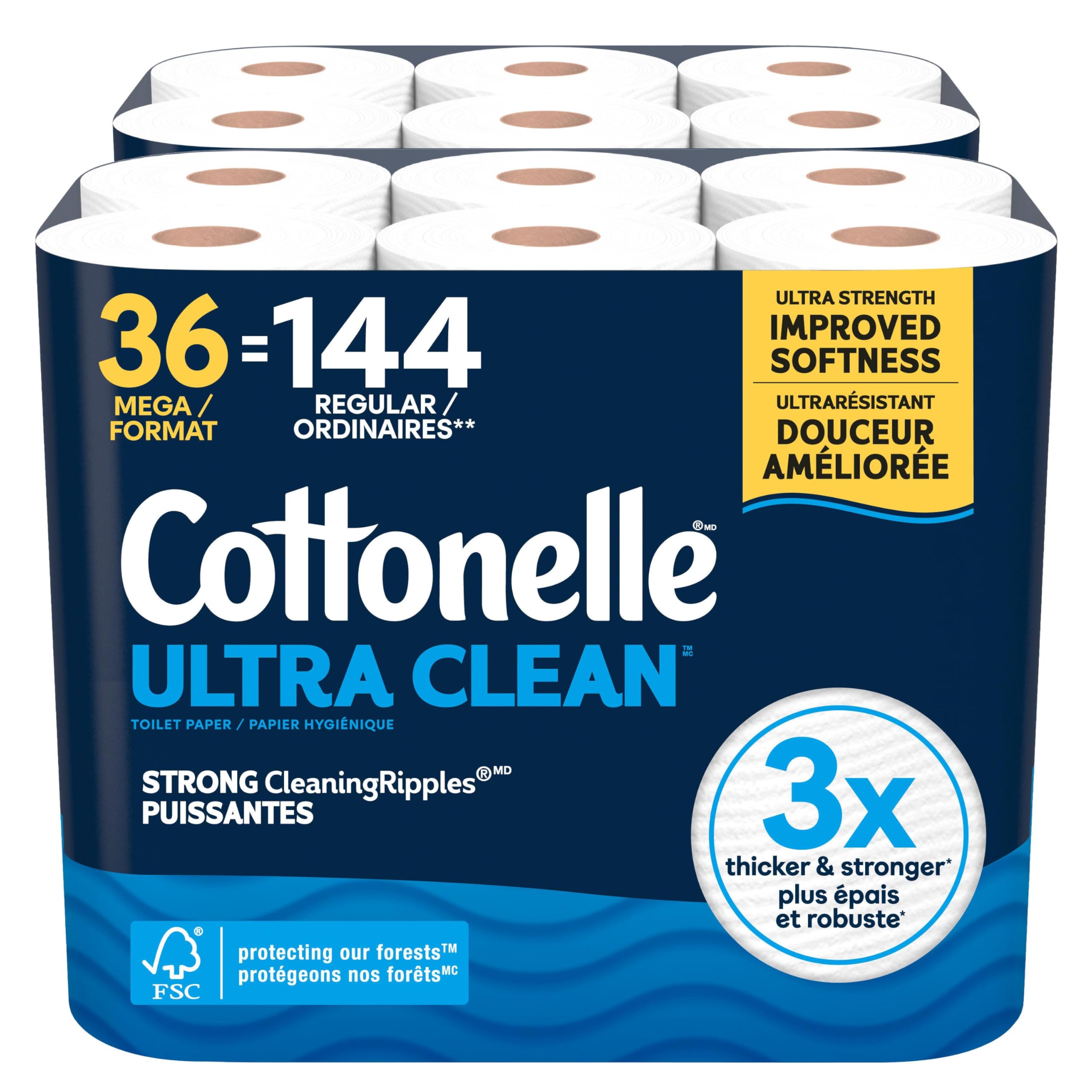 Cottonelle Toilet Paper, 36 Mega Rolls = 144 Regular Rolls (2 Packs of 18), Ultr