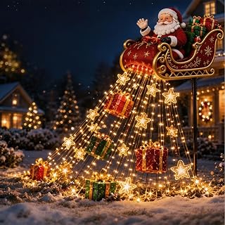 Santa's Magic Pour Flowing LED Christmas Garden Light Flowing LED Yard StakeSanta pours a Glowing Cascade of Stars,Candy Canes Magical Christmas Display Santa’s Flying Sleigh Gift Cascade，A