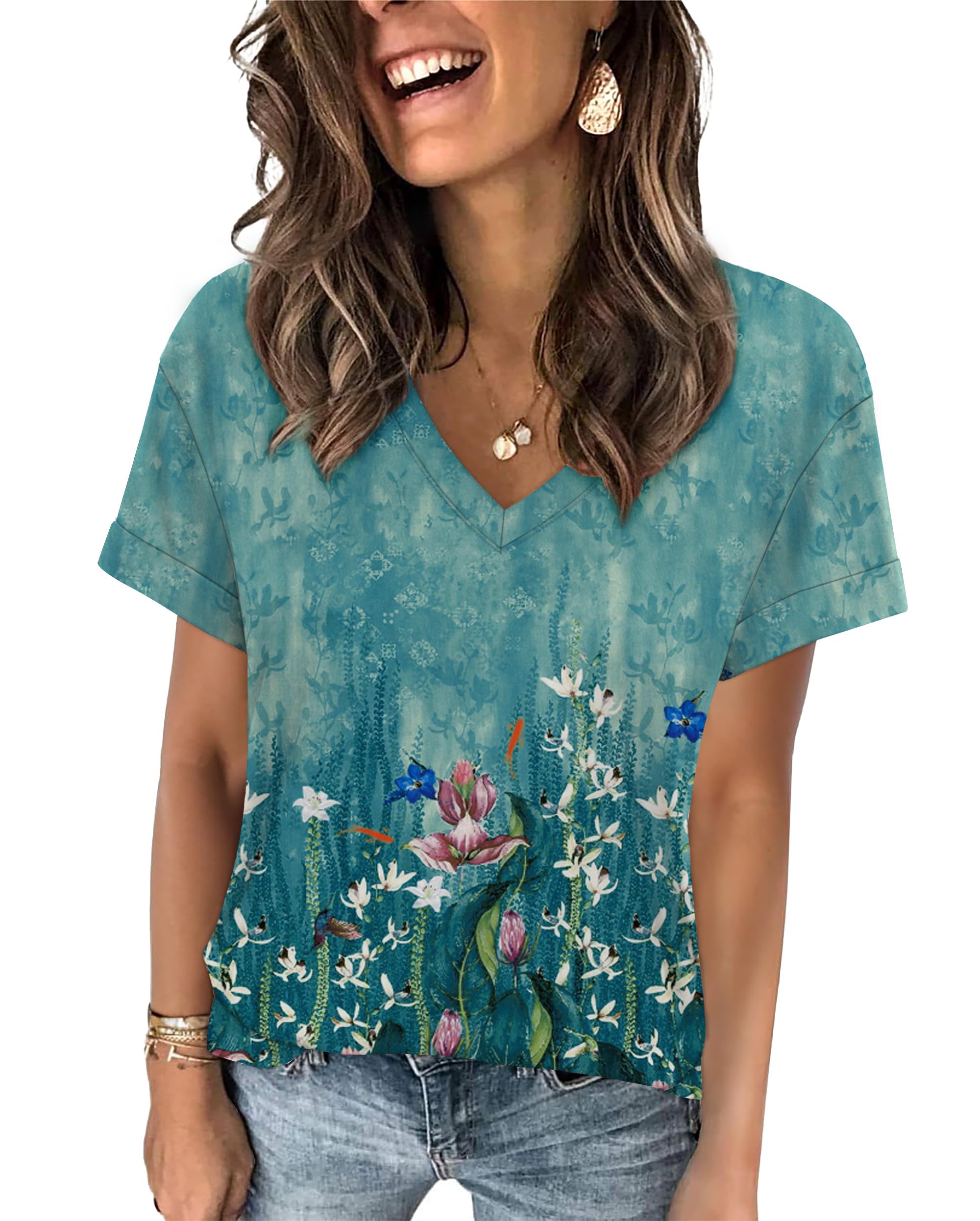 Women Summer V Neck Short Sleeve T Shirts