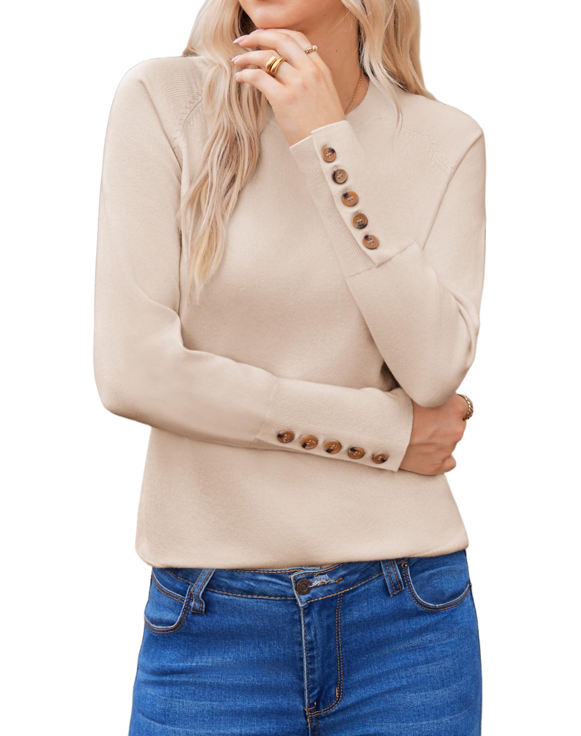 Hotouch Women's Elegant Long Sleeve Round Neck Knitted Autumn Winter Solid Color