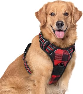 rabbitgoo Dog Harness, No-Pull Pet Harness with 2 Leash Clips, Adjustable Soft Padded Dog Vest, Reflective No-Choke Pet Oxford Vest with Easy Control Handle for Large Dogs, Plaid, XL