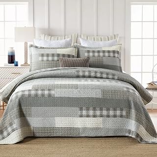 Finlonte Queen Size Bedding Set Cotton Bedspread Patchwork Stripe Bedspread Queen Size Reversible Bedspread Lightweight Brown Grey Beige 3Pcs