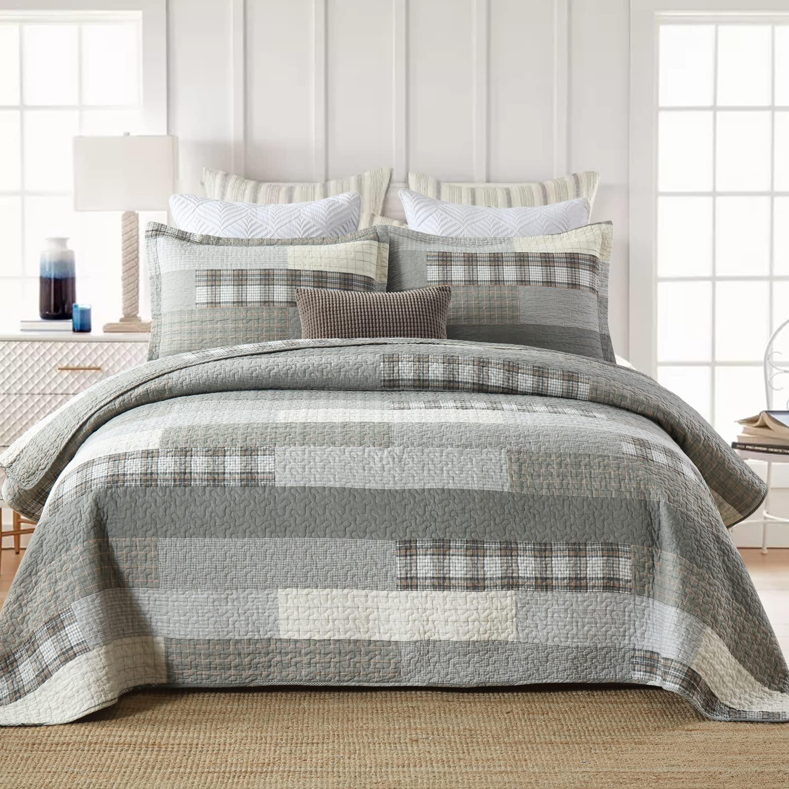 Finlonte Queen Size Bedding Set Cotton Bedspread Patchwork Stripe Bedspread Quee