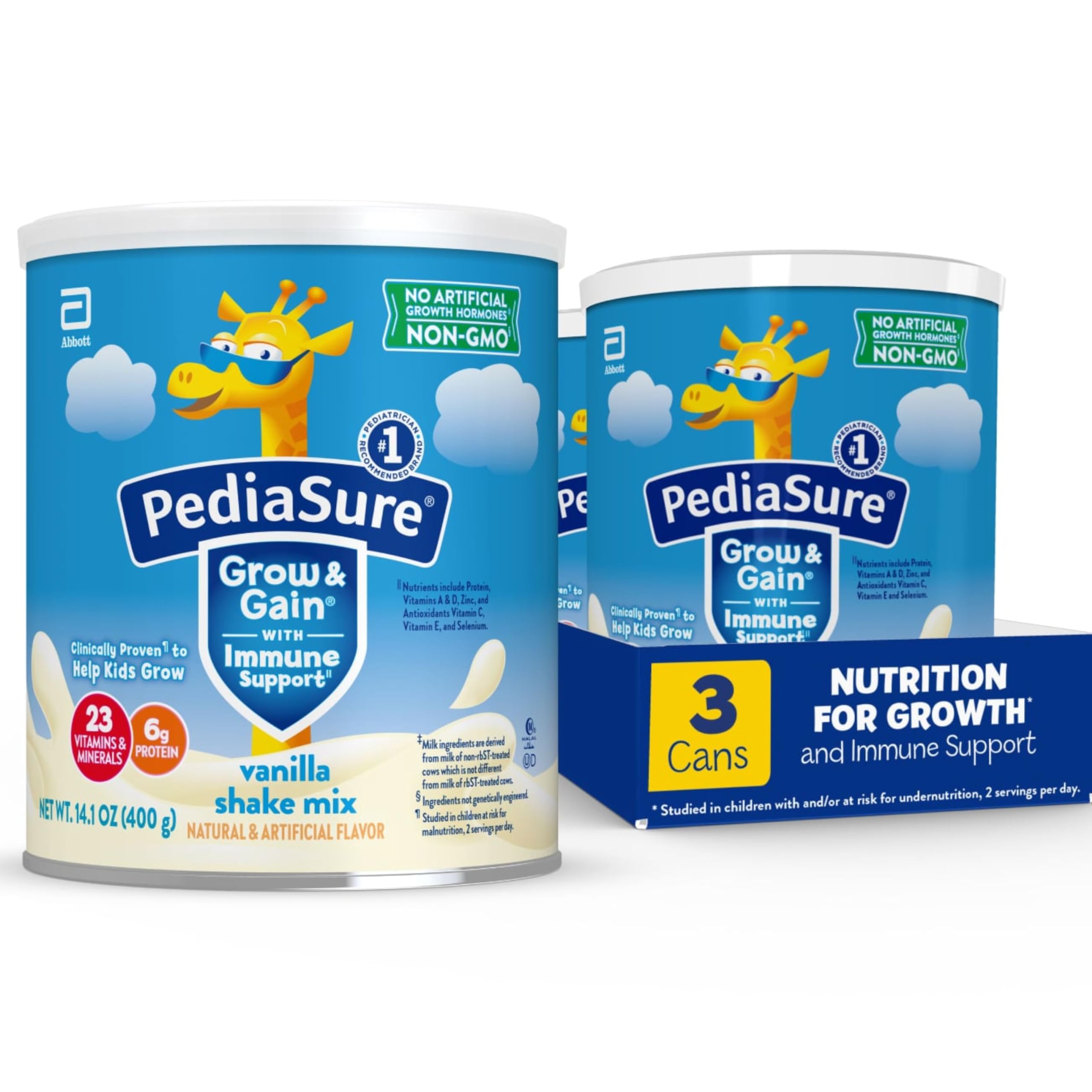 PediaSure Grow & Gain Shake Mix, 6g Protein, Vanilla, 14.1 oz Can, 3pk | 24 Serv