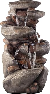 Alpine Corporation | 40" 4-Tier Rock Floor Fountain with Cascading Water & White LED Lights, Tranquil Outdoor Water Feature for Garden, Patio, Yard & Deck, Light Gray