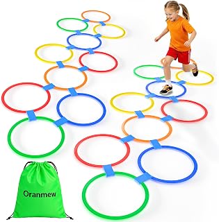 Oranmew 20Pcs 11" Hopscotch Rings, Agility Rings for Kids Obstacle Course | Storage Bag & 30 Connectors! Builds Gross Motor Skills for Indoor/Outdoor Playground. Preschool & Kindergarten PE, Ages 3+
