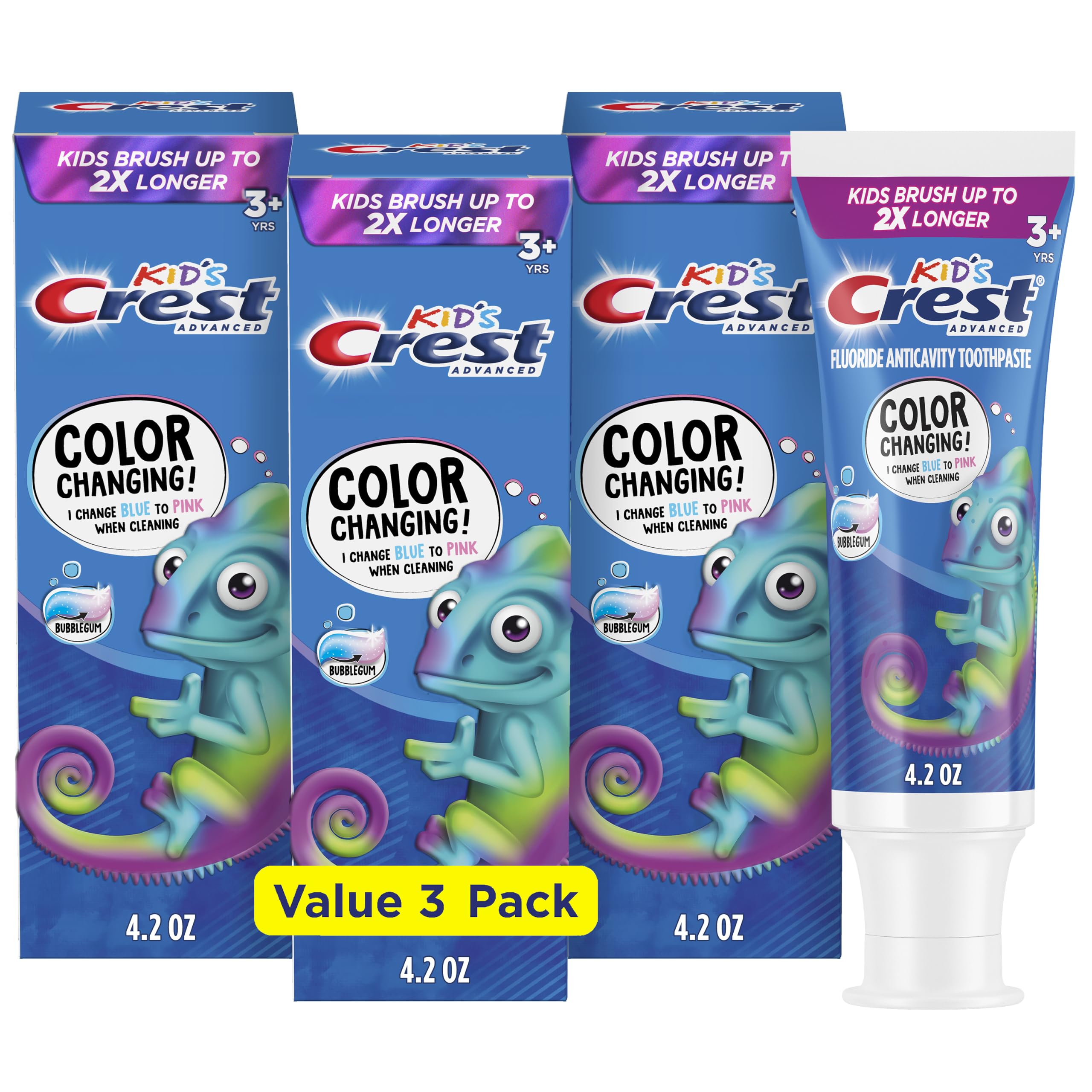 Advanced Kid's Fluoride Toothpaste, Bubblegum Flavor, 4.2 oz, 3 Count, Color-Cha
