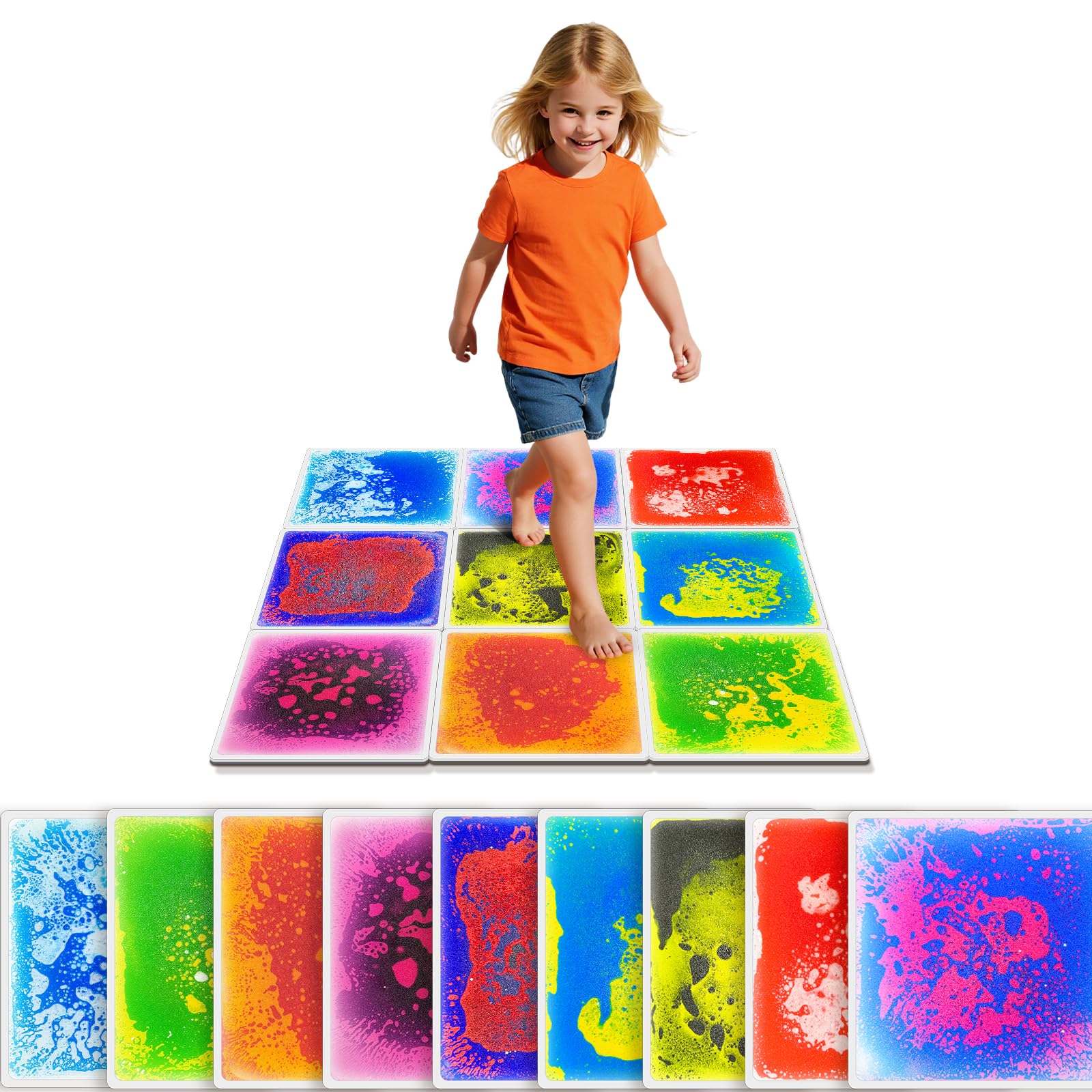 JUEOQOY Liquid Sensory Floor Tiles for Kids, 12" Step-On Mats, 9 Pack | Interact