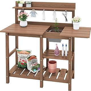 SERWALL Outdoor Potting Bench with Removable Sink,Gardening Table,Brown | Waterproof HDPE Structure,Expandable Tabletop,Spacious Storage,Tool Hooks,Perfect for Gardening Use