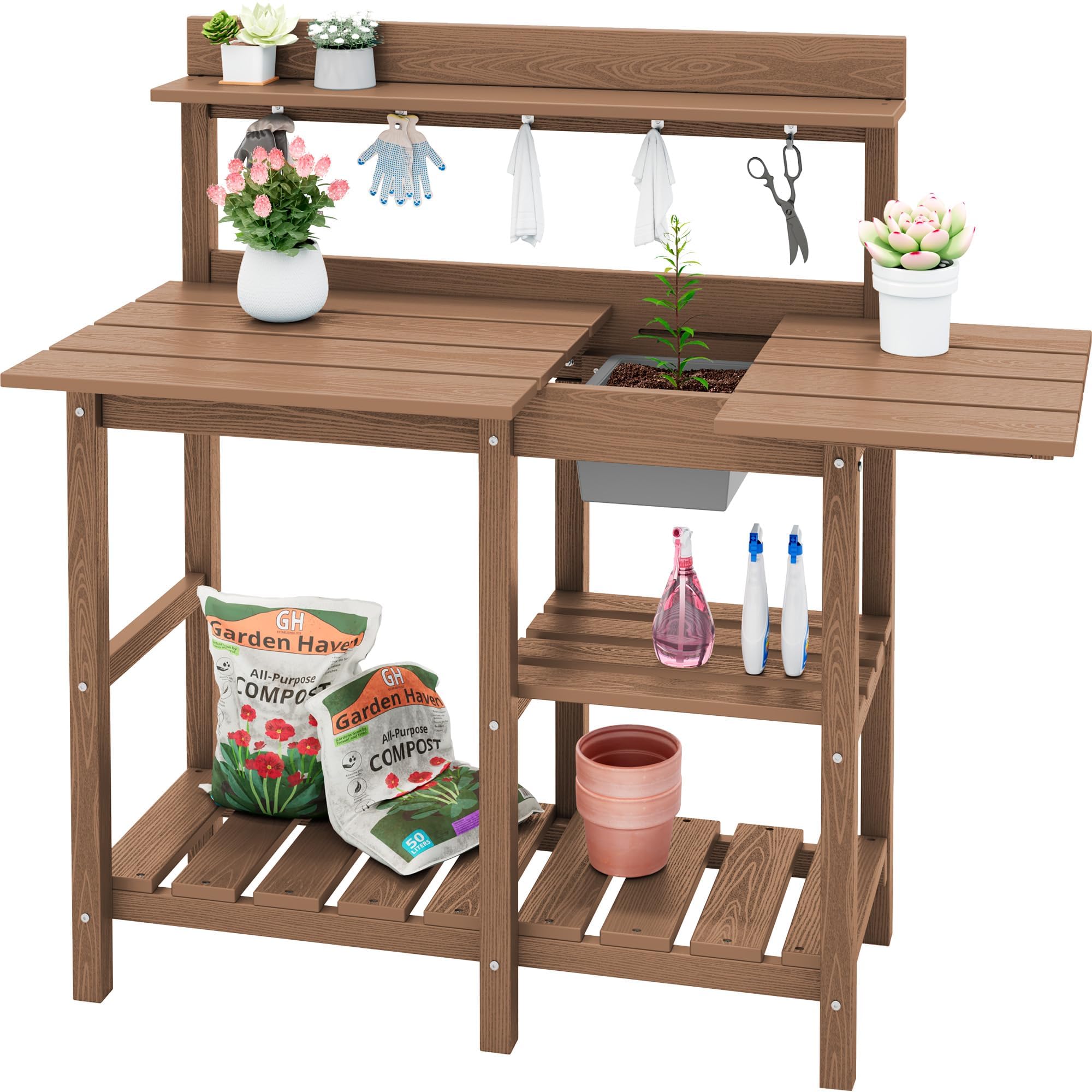 SERWALL Outdoor Potting Bench with Removable Sink,Gardening Table,Brown | Waterp