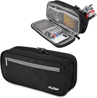 ProCase Pencil Case Pen Bag, Two Layers Big Capacity Pencil Pouch Pen Organizer Durable Stationery Holder for Marker Organization School Supplies Office Storage Desk Organizing -Black