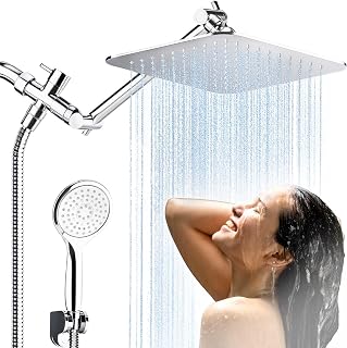 COSYLAND Rain Shower Head with Handheld - 304 Stainless Steel High Pressure 8 inch Square Rainfall Showerhead Combo with 3 Spray Mode 11 inch Extension Adjustable Arm & 60 inch Hose - Chrome