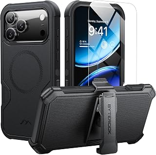 ByteRock for iPhone 17 Pro Max Case 6.9" with Belt Clip Holster, Black | Compatible with MagSafe ,Anti-Drop,Shockproof,Heavy Duty Protection,w/Screen Protector,with 360°Rotating Kickstand