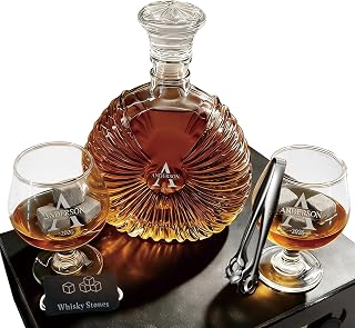 Personalized Whiskey Decanter Set - Custom Engraved Liquor Bottle | 18oz or 26oz glass decanter with matching glasses, whiskey stones and tongs, custom engraved name date, gift for men dad
