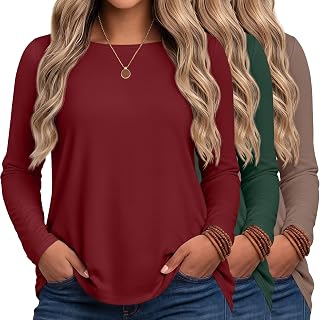 Ficerd 3 Pack Women's Plus Size Tops Long Sleeve T Shirts
