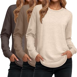 Ficerd Pack of 3 Women's Long Sleeve Tunic Round Neck Cotton Loose Fit Casual Curved Hem T-Shirts