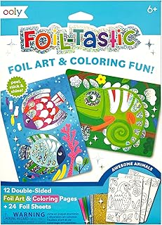 OOLY Foil Art Kit for Kids, 12 Pages & 24 Sheets – Awesome Animals | Ages 6+, 12 Double-Sided Coloring Pages and 24 Foil Sheets, Fun Screen-Free Foil Craft Activity for Kids, Gift Idea