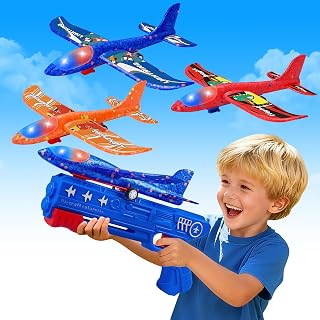 LJZJ 3pk LED Foam Plane Launcher, 2 Modes Outdoor Toy Gift Boys Girls 3+ | Foam glider features ejection & hand‑throwing 2 modes. LED lights deliver fun‑filled nighttime flying experience for kids