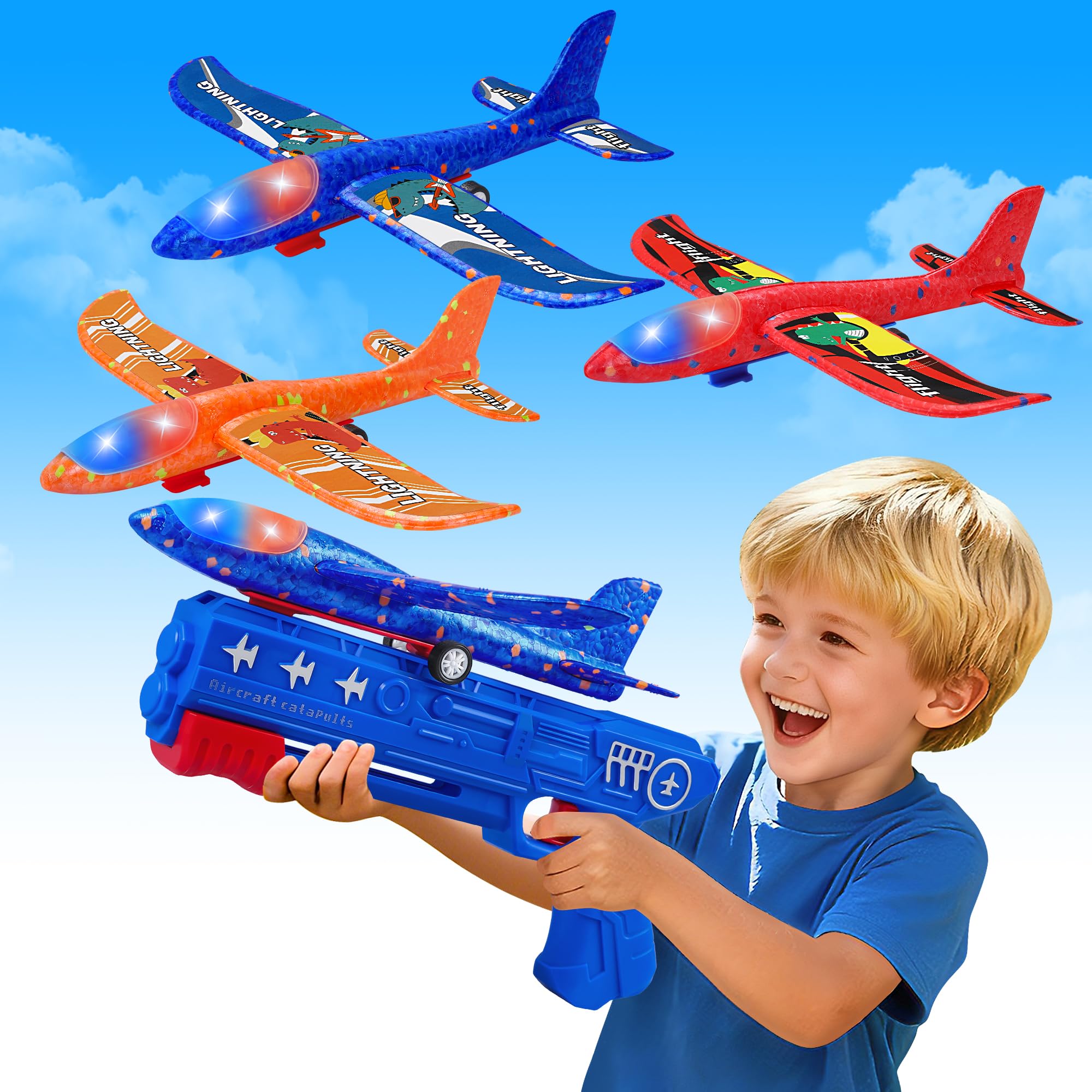 LJZJ 3pk LED Foam Plane Launcher, 2 Modes Outdoor Toy Gift Boys Girls 3+ | Foam 