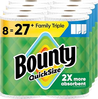 Bounty Paper Towels Quick-Size, White, 8CT Family Triple Rolls = 27 Regular Rolls