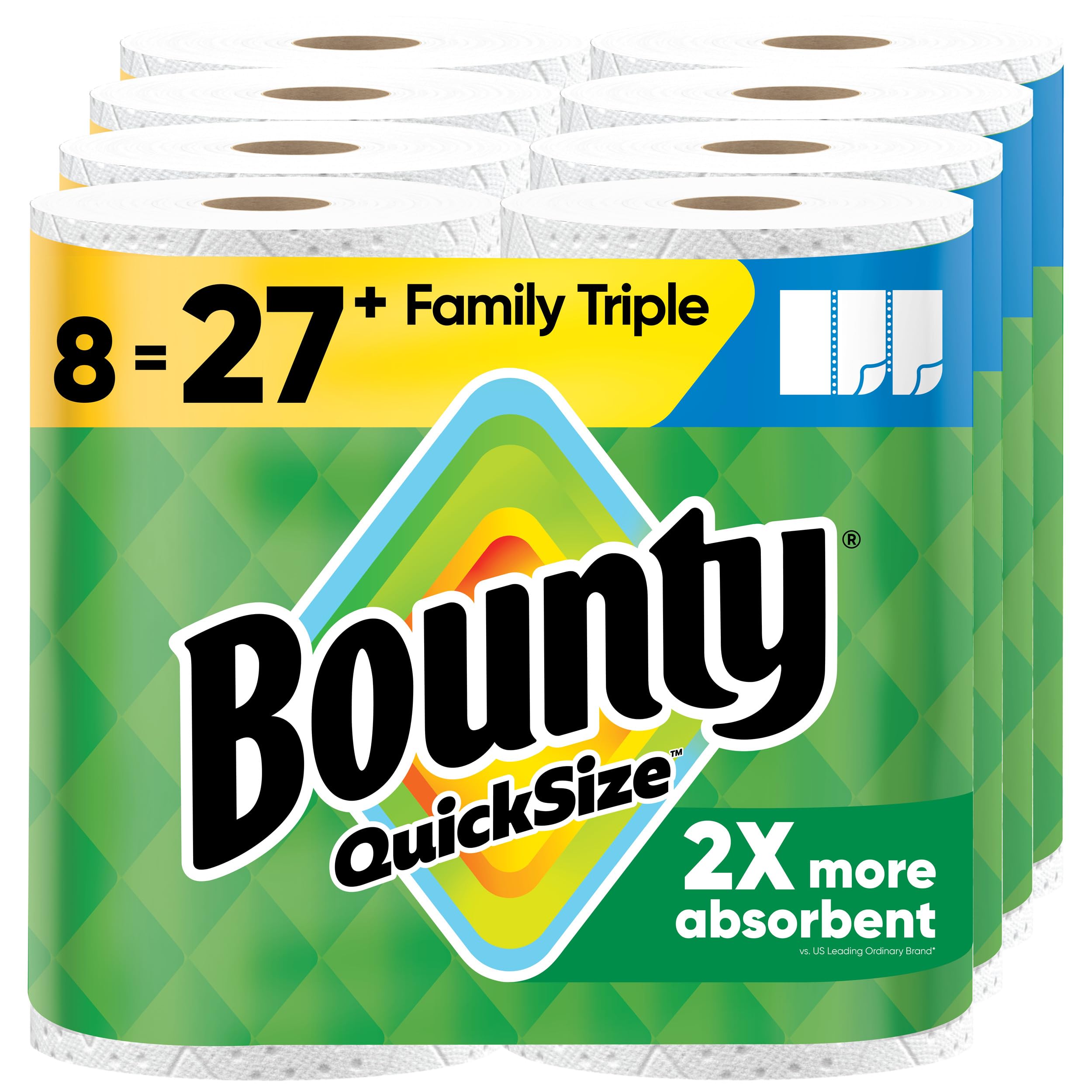 Bounty Paper Towels Quick-Size, White, 8CT Family Triple Rolls = 27 Regular Roll