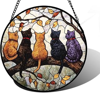 DASTOLL Colorful Glass Window Hanging, 5 Cats on a Branch Dream Catcher for Window Doors, Home Decor and Christmas, Mother's Day, Father's Day, Birthday Gifts