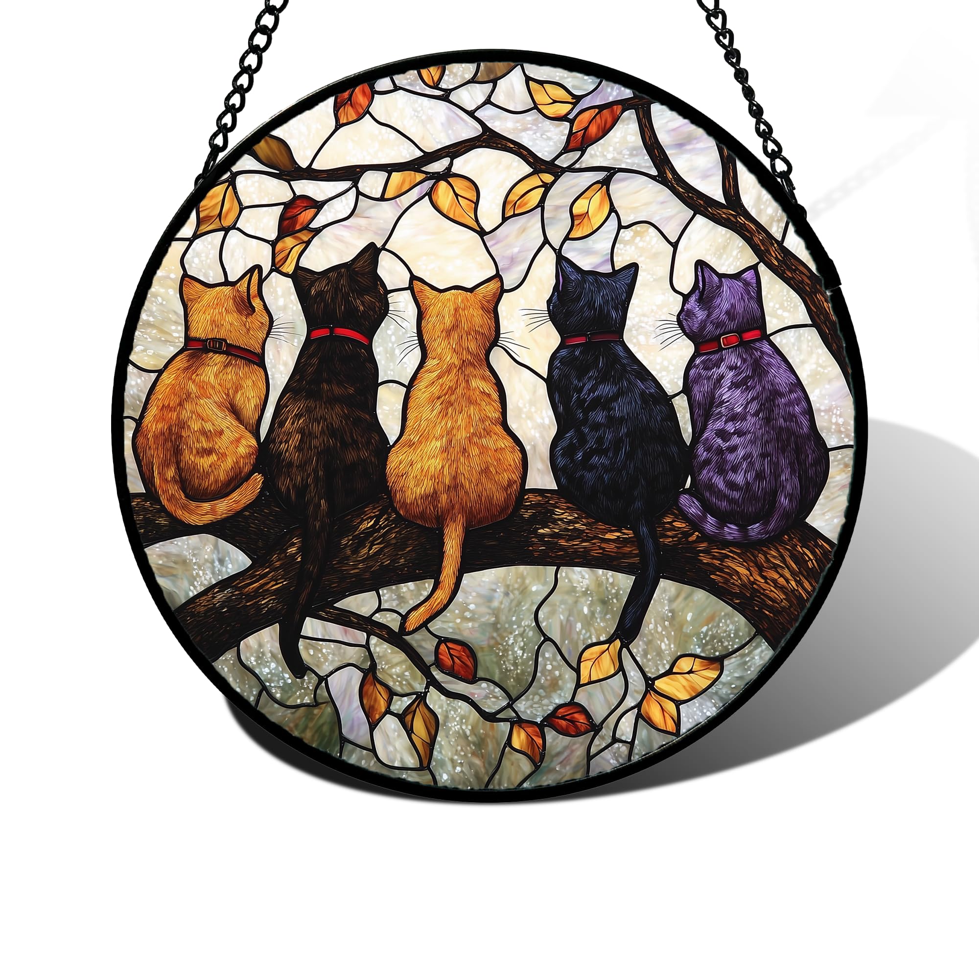 DASTOLL Colorful Glass Window Hanging, 5 Cats on a Branch Dream Catcher for Wind