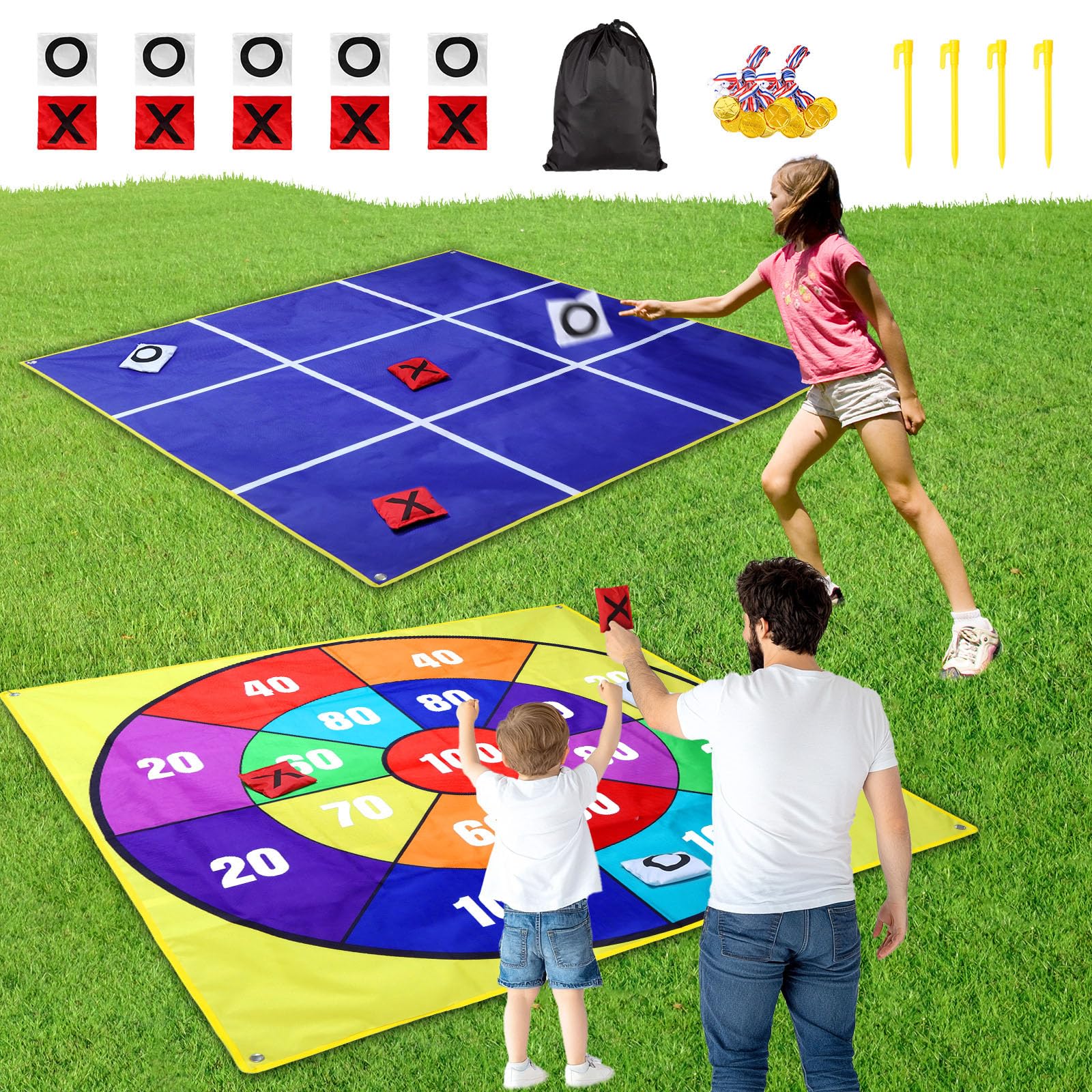 2-in-1 Outdoor Giant Tic Tac Toe Bean Bag Toss Games for Kids Adults, 4.5Ft Doub