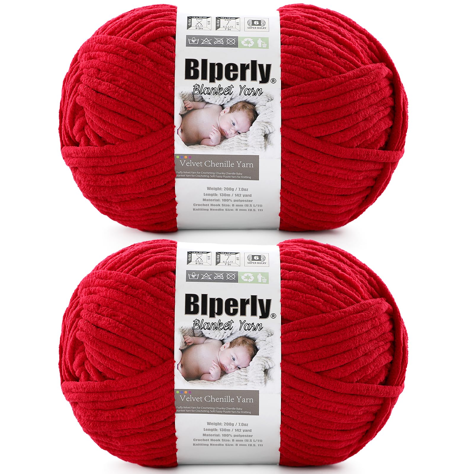 6 Super Bulky Chenille Yarn for Crocheting, Red Chunky Yarn for Crochet | 2 Pack