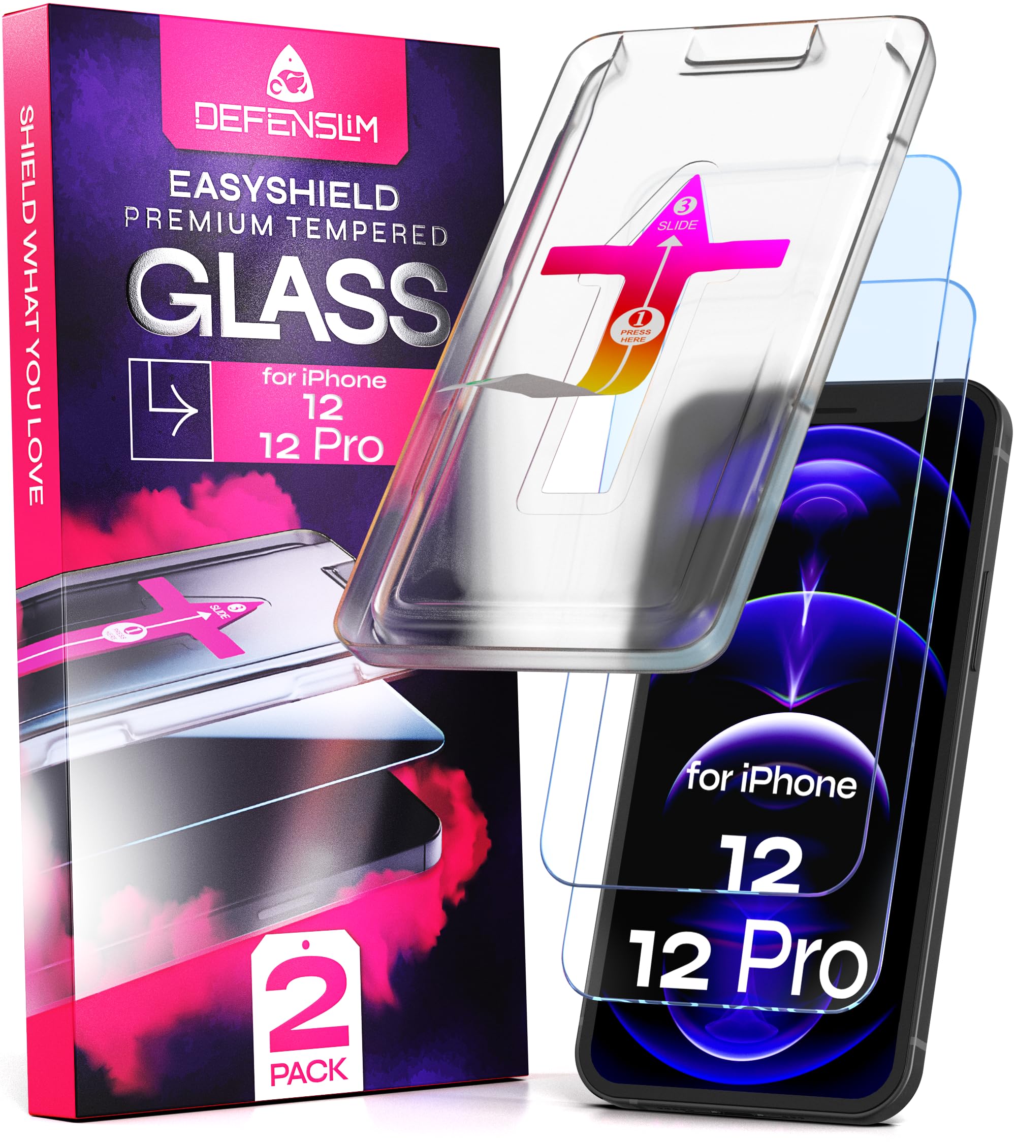Defenslim for iPhone 12/12 Pro Screen Protector (2Pack), Easy Auto-Align Install