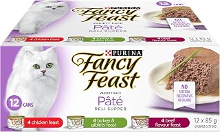 Fancy Feast Pâté Wet Cat Food, Deli Supper Variety Pack 85g (12 Pack) | Adult canned cat food, 100% complete & balanced nutrition, variety pack with 3 flavours, real turkey, chicken & beef