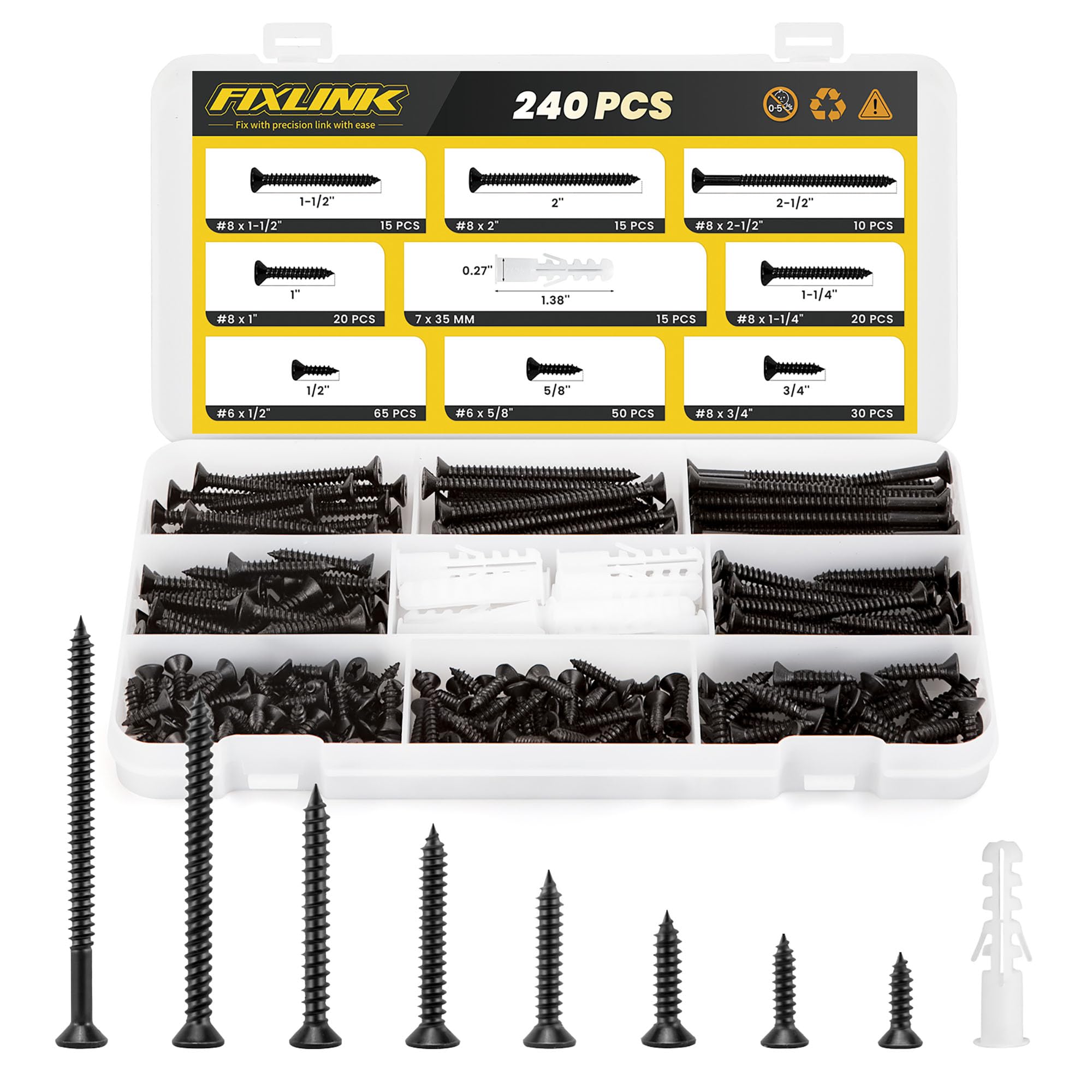 240PCS Wood Screws Assortment Kit, FIXLINK E-Coated Flat Head Screws Set | Conta