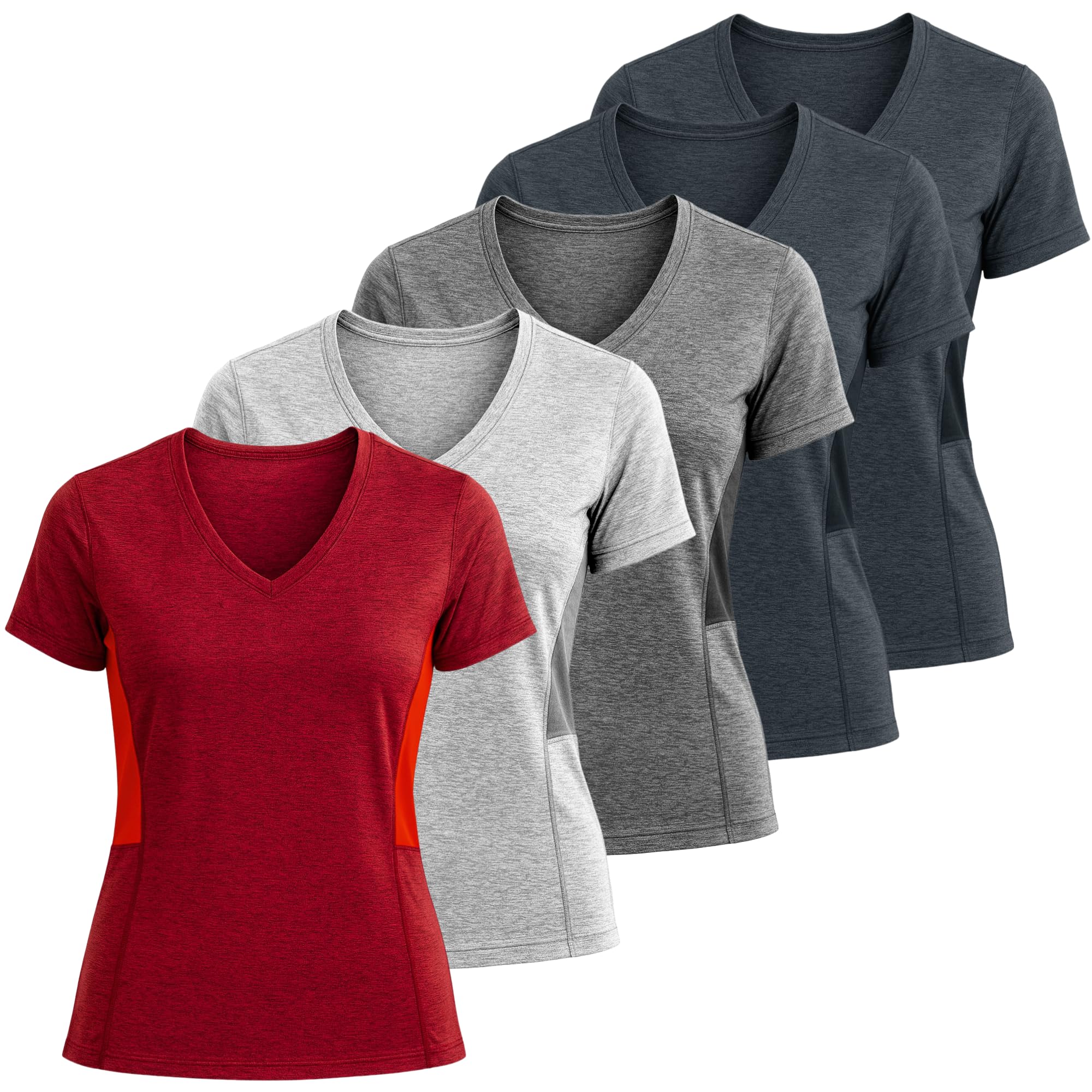 Lati Fashion 5 Pack Dry Fit Shirts for Women Workout Tops Short Sleeve V Neck Wo