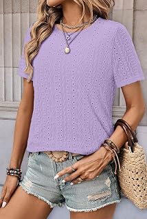 Women Eyelet Embroidery Short Sleeve Tops Crew Neck Casual Summer T Shirt