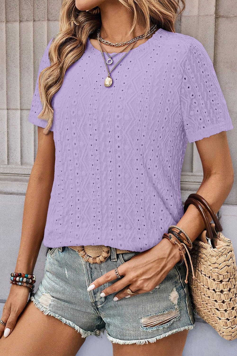 Women Eyelet Embroidery Short Sleeve Tops Crew Neck Casual Summer T Shirt