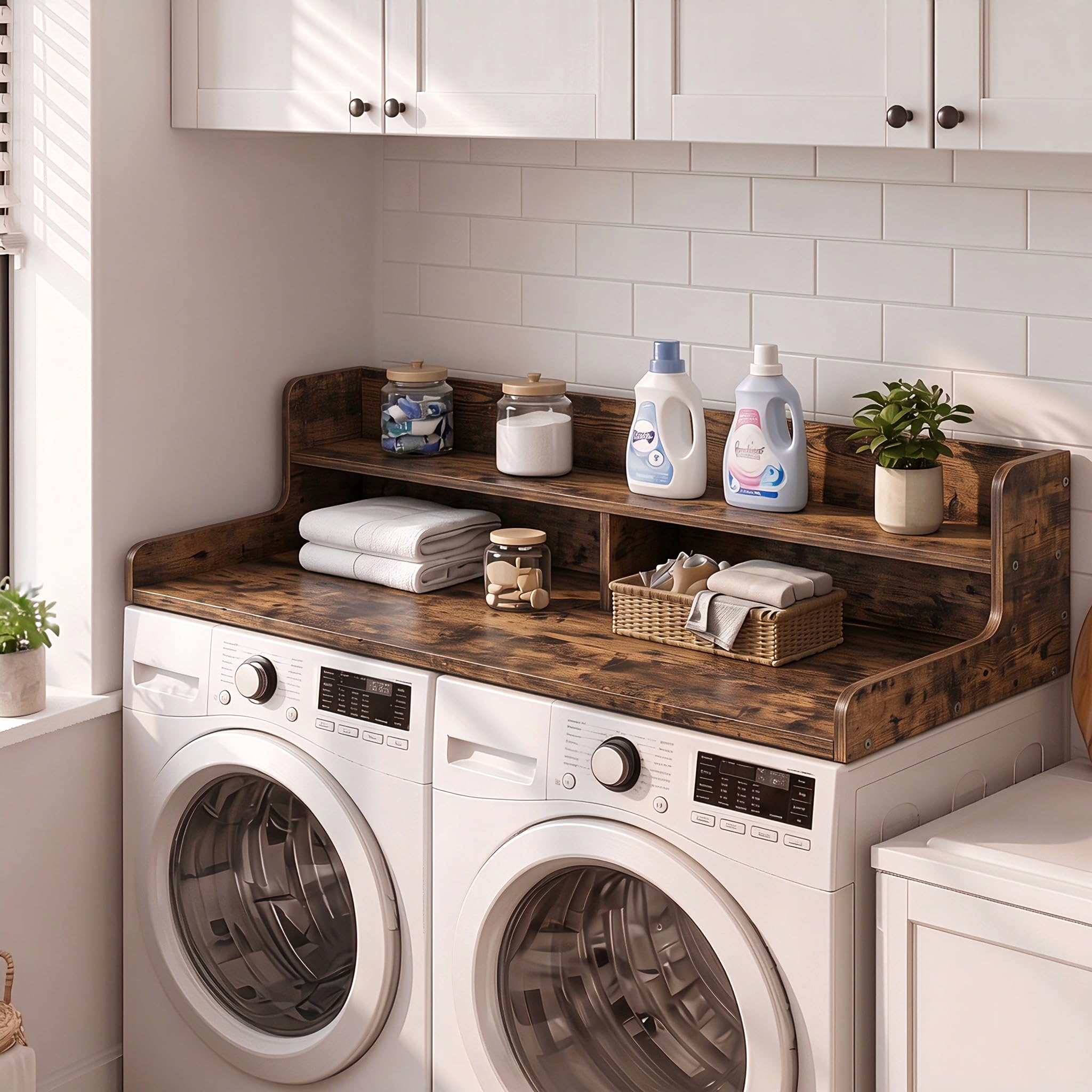 Duzzy Washer and Dryer Countertop with Shelf, 54" x 27.55", Rustic Brown | Woode