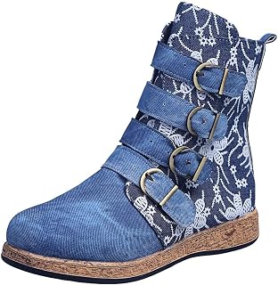 Ulalaza Women's Boots Western Cowboy Boots Mid Calf Cowgirl Boots Block Chunky Heel Embroidered Floral Mid Heel Casual Boots High Pointed Toe Boot Dress Boots Knee High Square Toe Short Booties
