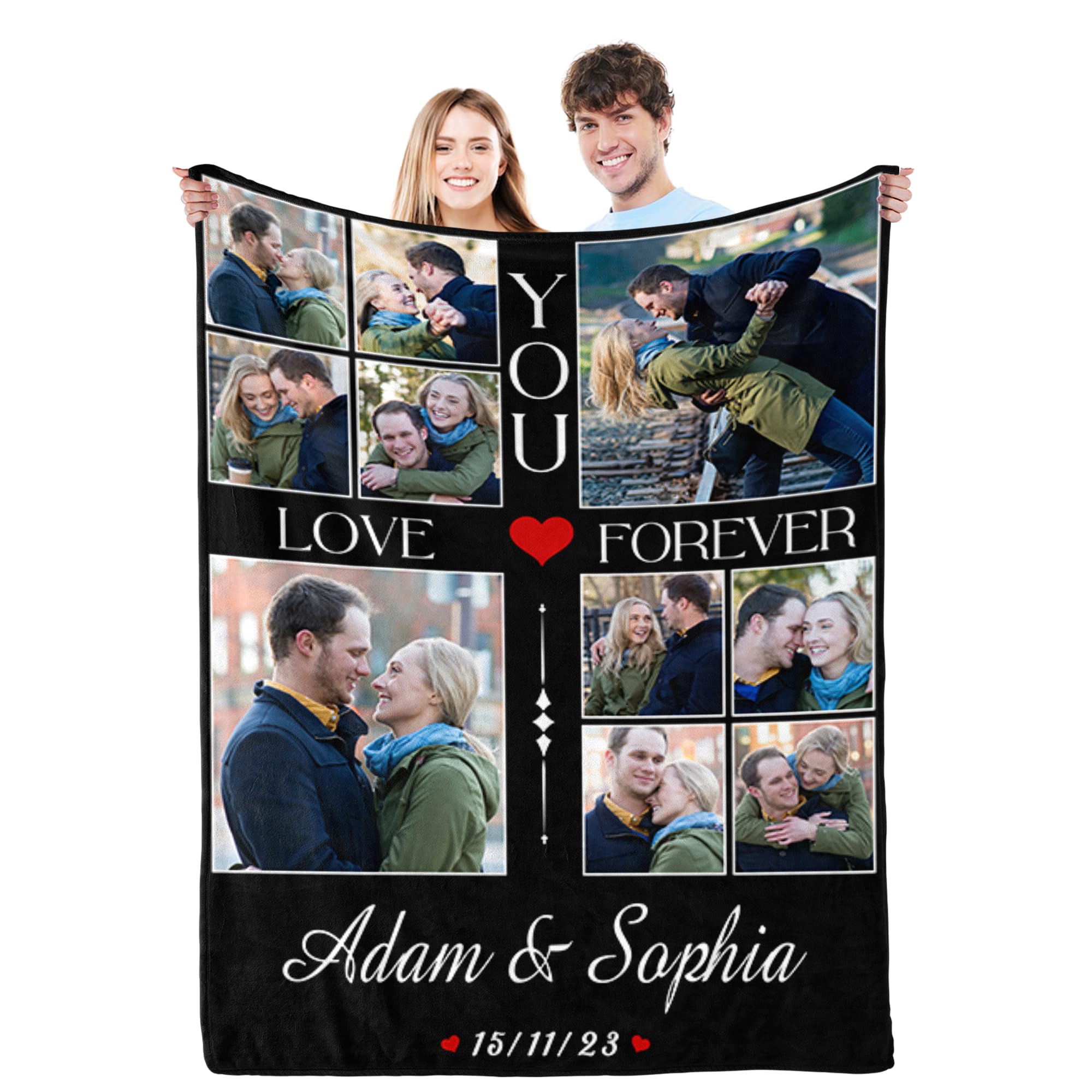 Personalized Couple Gifts: Custom Photos & Names Blanket for Him & Her - I Love 