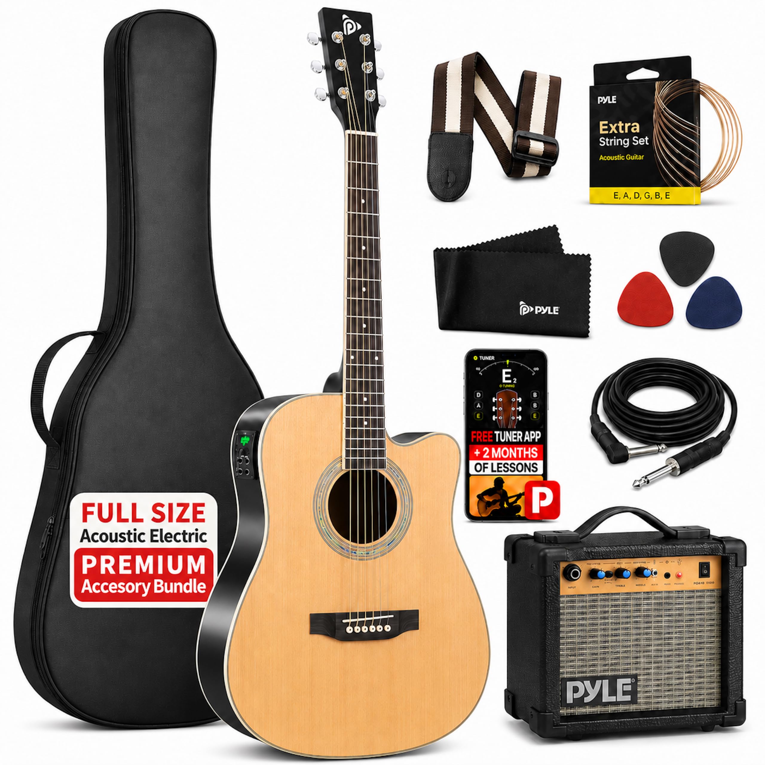 Pyle 41” Electric Acoustic Guitar Kit with 10W Amplifier, 6-String Cutaway Dread