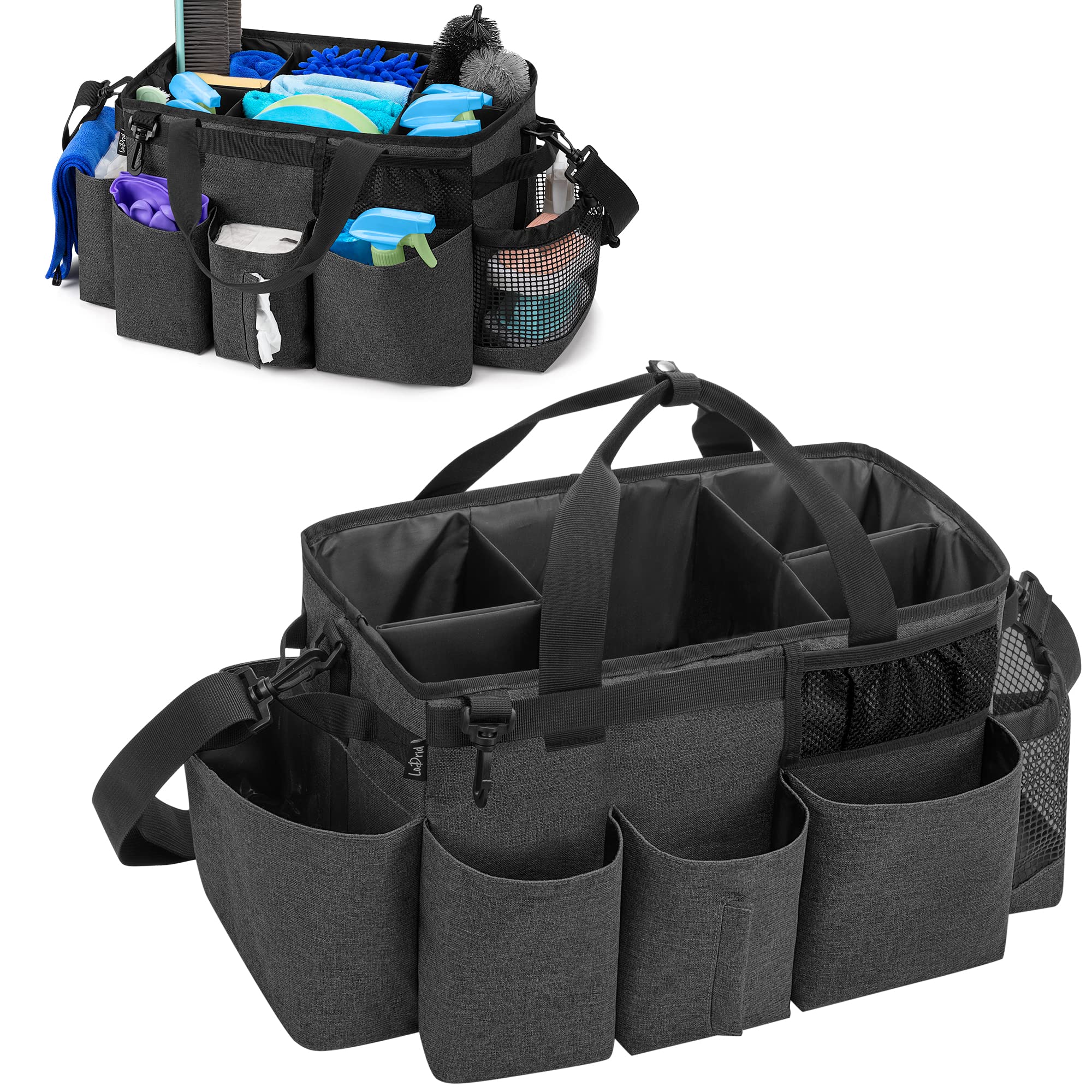 LoDrid Wearable Cleaning Caddy Bag with 4 Foldable Dividers, Black