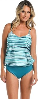 [24th & Ocean] Women's Tankini Top Underwire V-Neck Blouson Tankini Swimsuit Top Blue