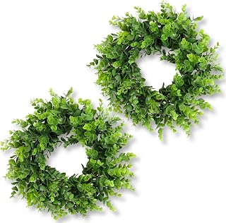 12" Mini Boxwood Wreaths 2-Pack - Faux Greenery for Decorating | Modern Farmhouse Candle Rings for Indoors & Outdoors Year Round, Kitchen Cabinets, Front Door & Windows