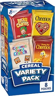 General Mills Cereal Variety Pack, 8 Pouches, 9.1 oz | 2 Lucky Charms, 2 Cinnamon Toast Crunch, 2 Cheerios, 2 Honey Nut Cheerios, Single-Serve Pouches, Made with Whole Grain Oat