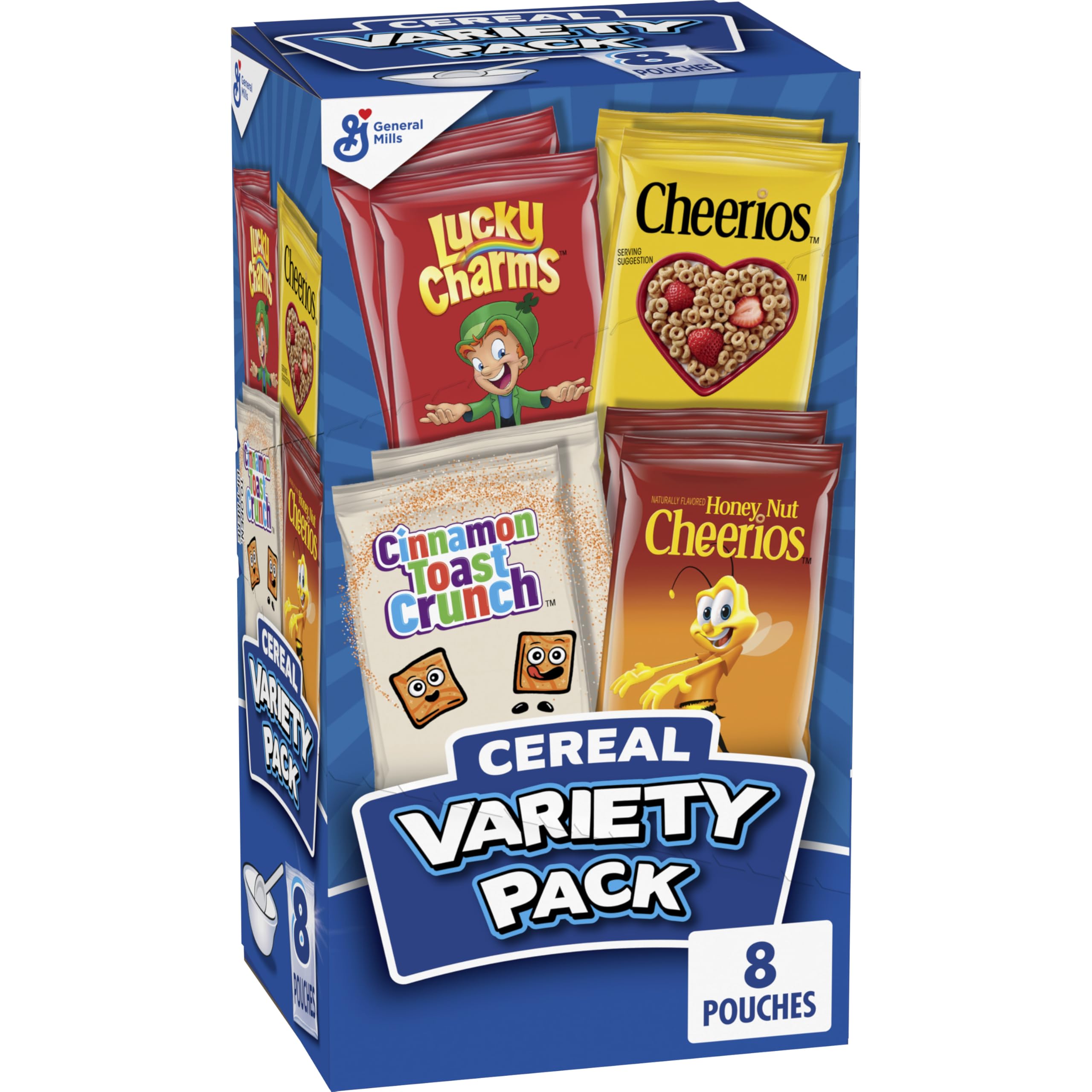 General Mills Cereal Variety Pack, 8 Pouches, 9.1 oz | 2 Lucky Charms, 2 Cinnamo