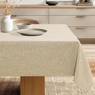 JIUZHEN 54 x 80 Inch Faux Linen Rectangle Tablecloth - Wrinkle and Stain Resistant Washable Table Cloth for Kitchen Dining Room Holiday Table Cover for Party Dinner Outdoor Picnic, Beige
