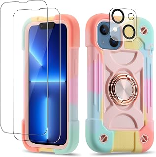 for iPhone 14 Case/iPhone 13 Case Inch with Ring Stand, with 2 Pack Glass Screen Protector + 1 Pack Camera Lens Protector,Heavy-Duty Shockproof Military Grade Rugged Cover (Rainbow Pink)