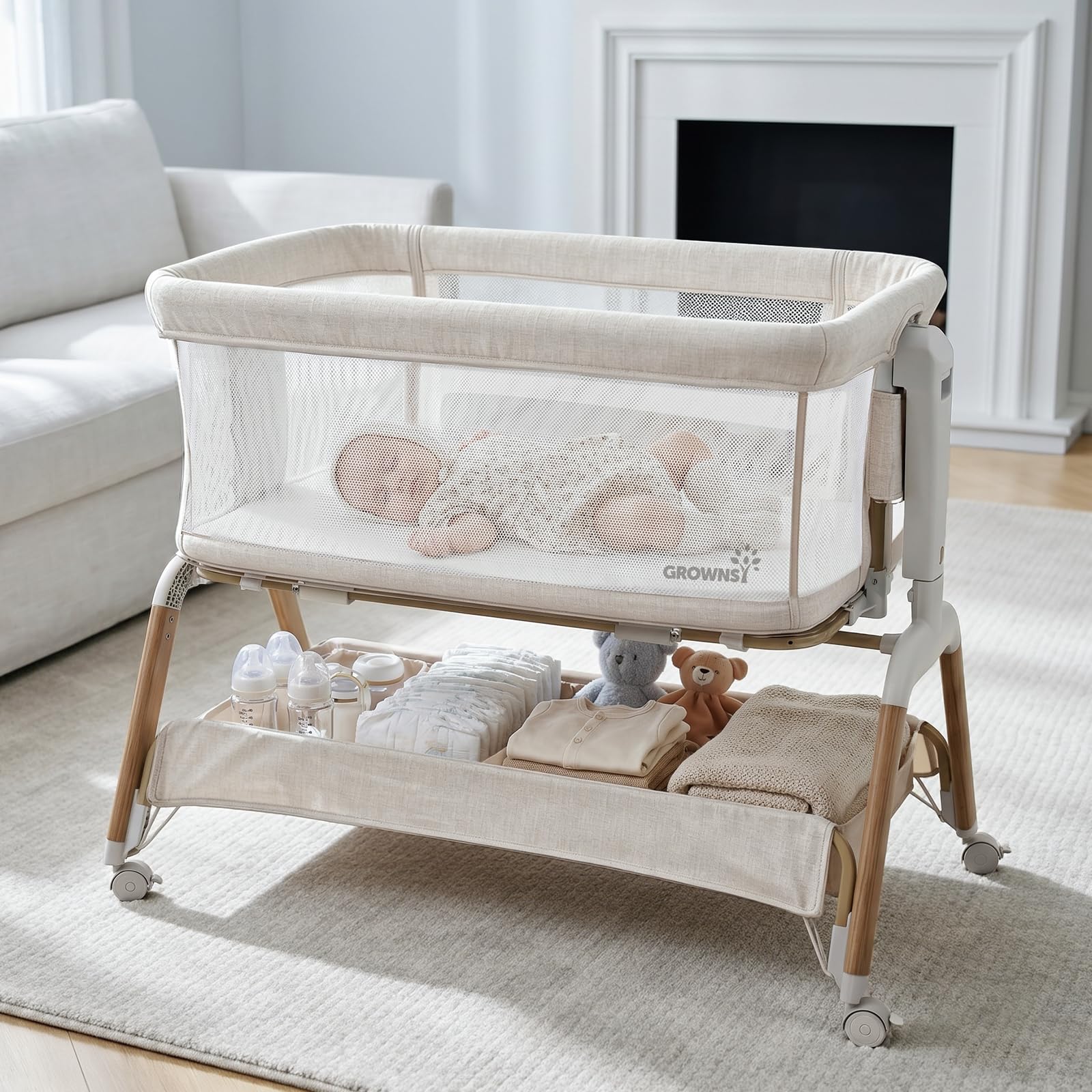 GROWNSY 5-in-1 Baby Bassinet Bedside Sleeper with Gentle Manual Rocking | 6 Adju