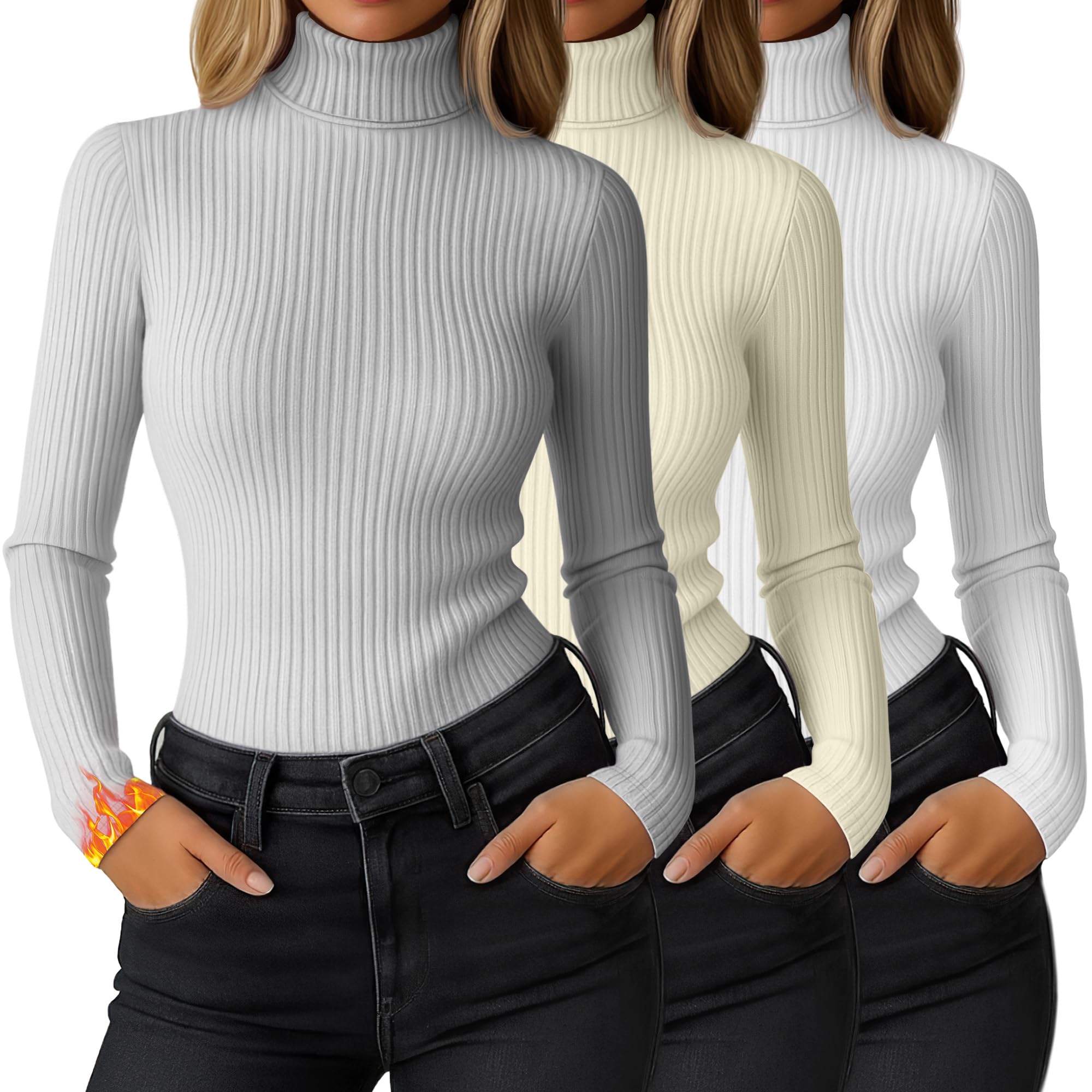 Ficerd 3 Pcs Women's Thermal Jersey High Neck Long Sleeve